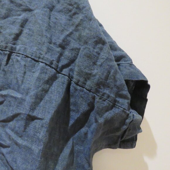 EILEEN FISHER Washed Organic Linen Délavé Band Collar Shirt in Indigo Lagenlook - Picture 13 of 15